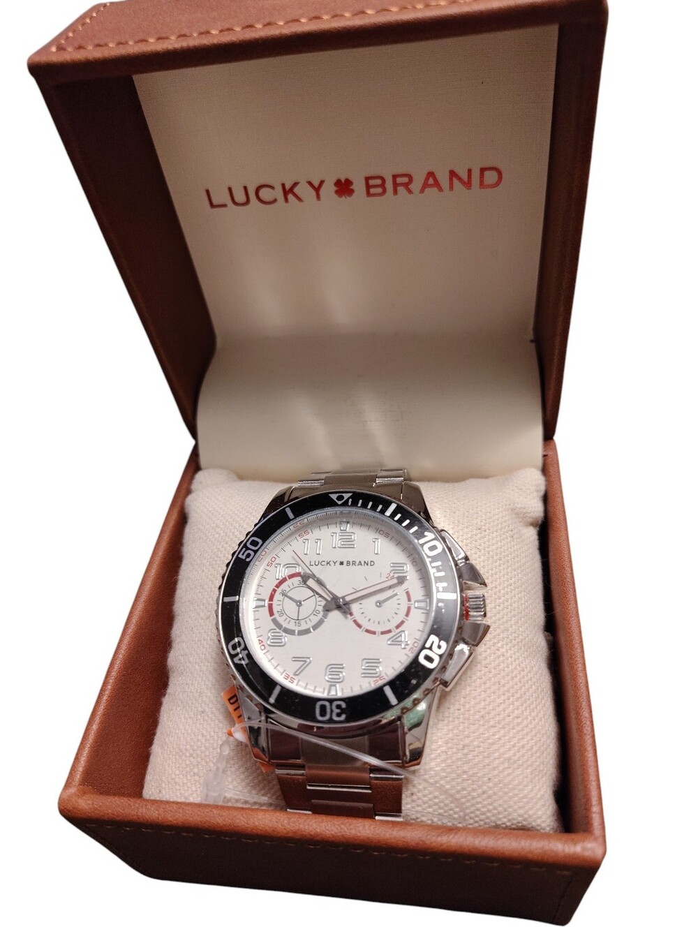 Lucky Brand Silver-Tone Watch with Black Bezel and White Dial, Gift Boxed,NWT